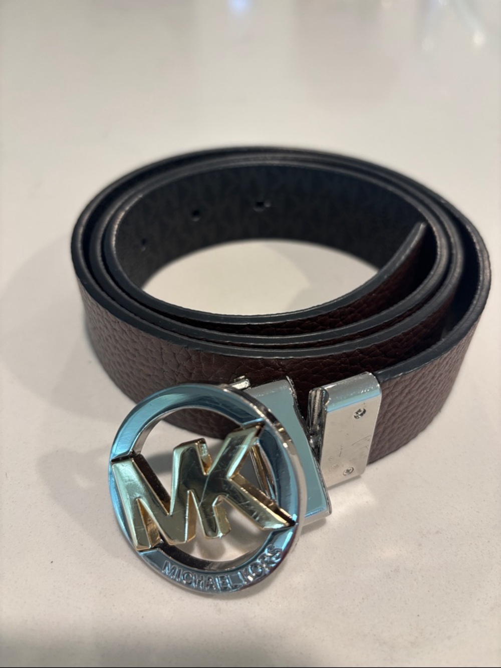 Michael Kors Brown Leather Belt with Gold & Silver MK Logo Buckle